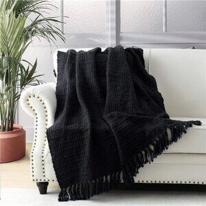 HOME Chunky Black Knitted Throw Blanket for Couch, Chair, Sofa, or Bed